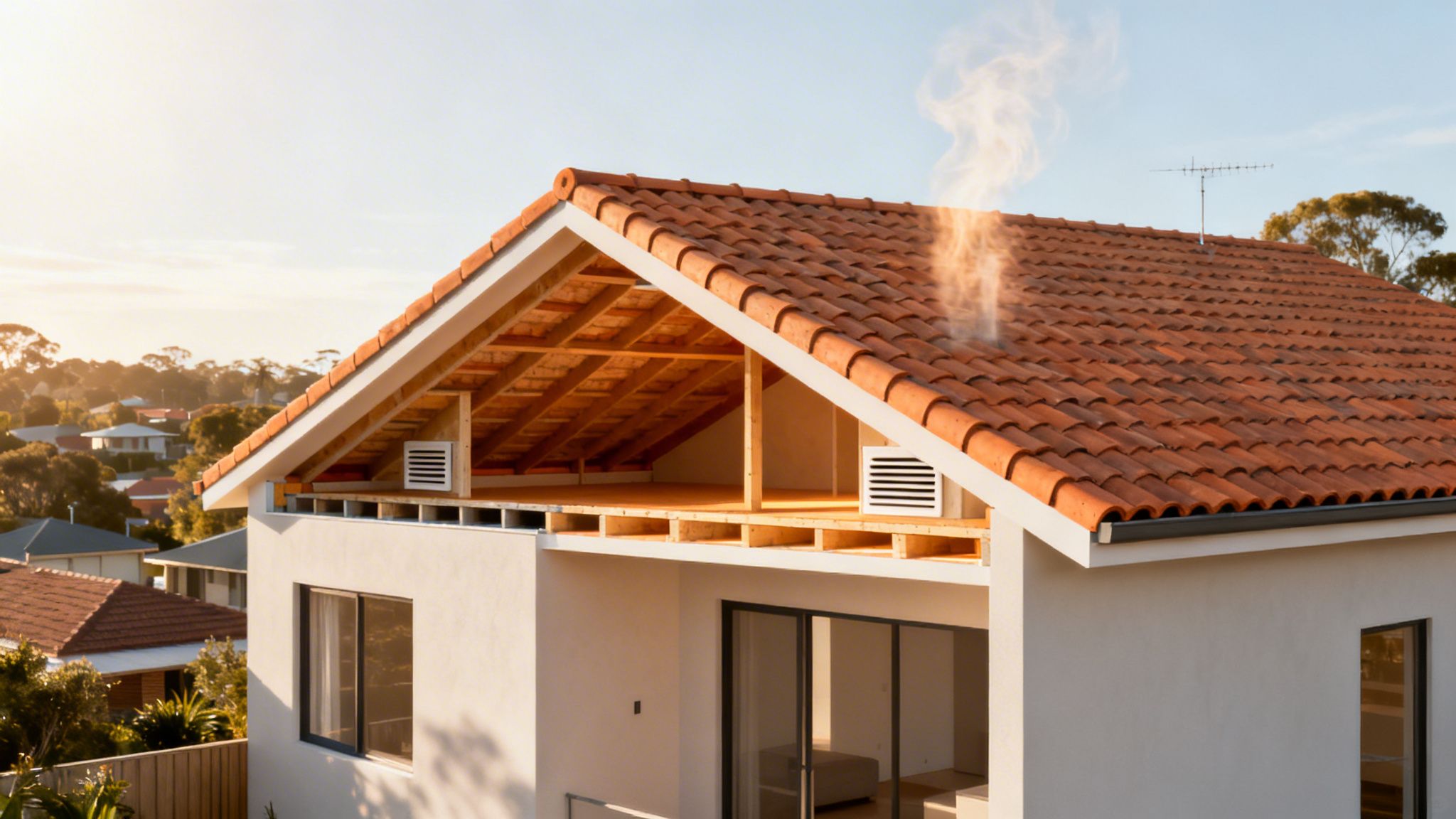 Modern house under construction with exposed roof framing, terracotta tiles, and roof vents releasing steam.