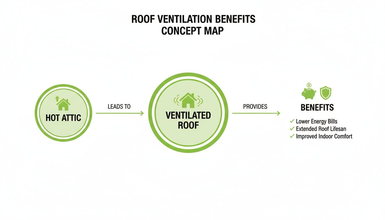 Visual concept map explaining roof ventilation benefits, from a hot attic to energy savings and improved comfort.