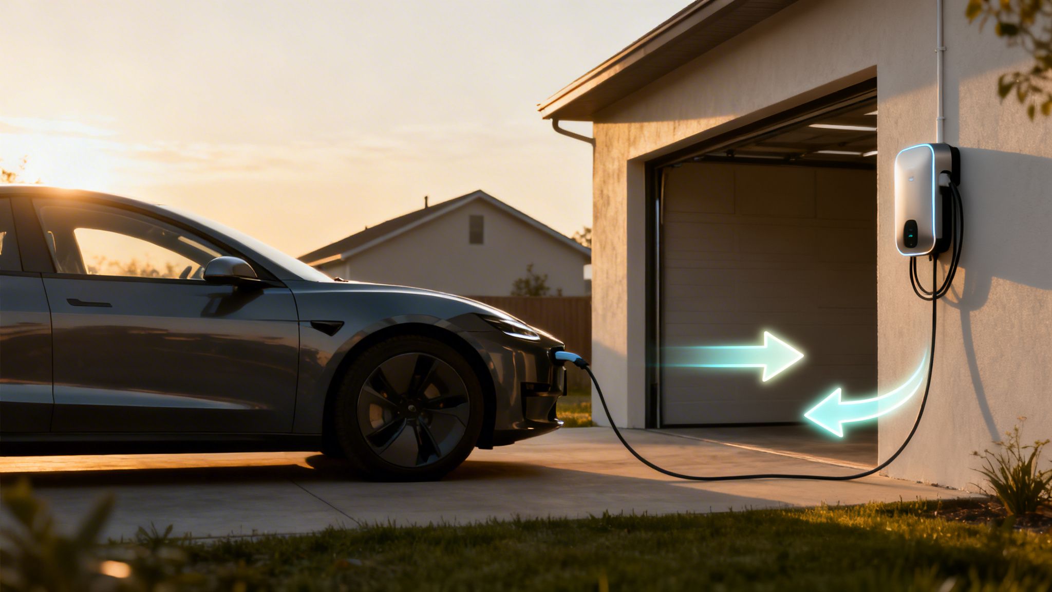 Electric vehicle charging at home, demonstrating bidirectional power flow with glowing arrows.