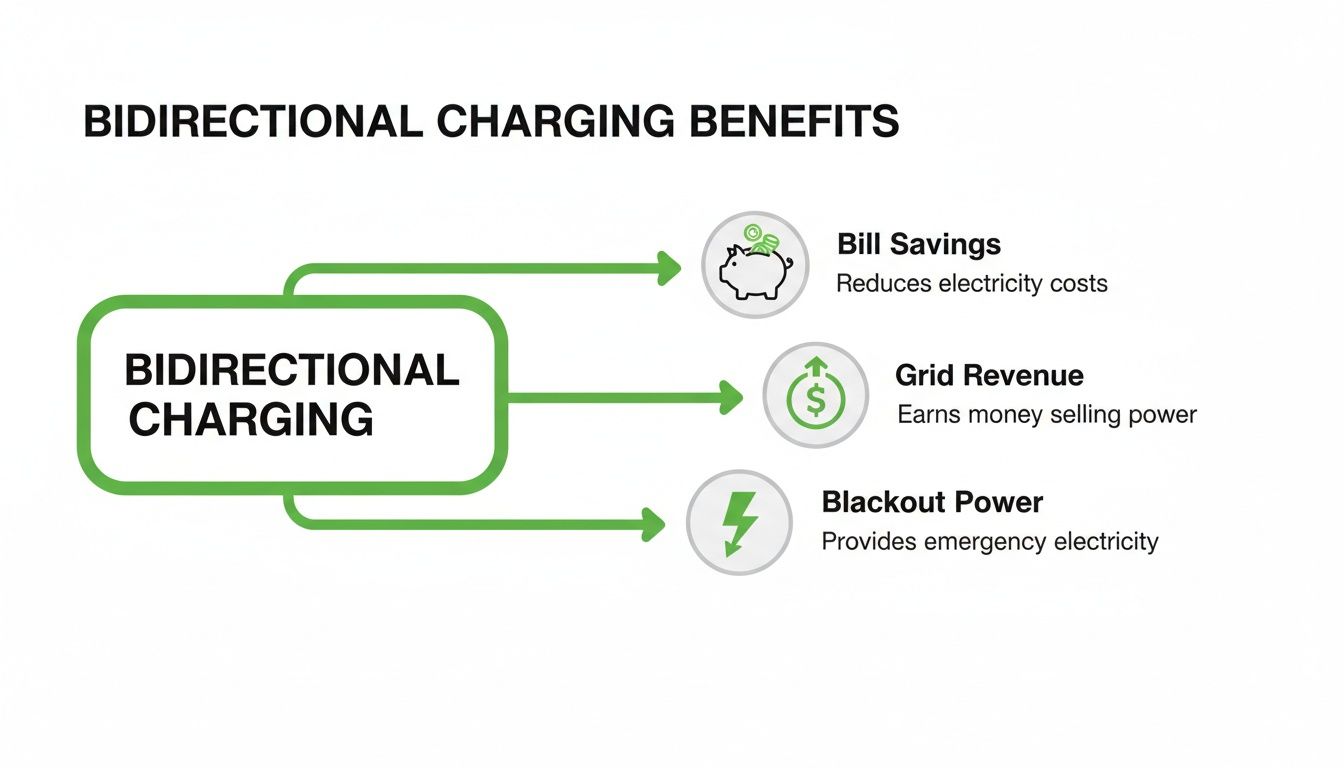 Infographic detailing the benefits of bidirectional charging: bill savings, grid revenue, and blackout power.