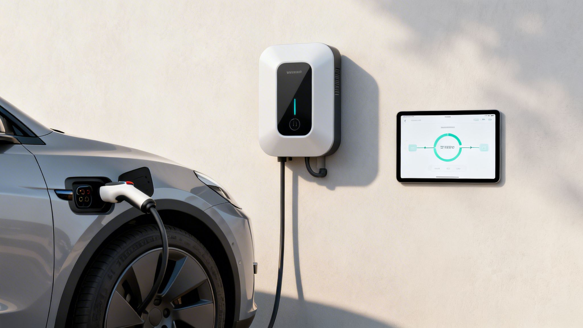 Grey electric car connected to a wall charger, showing smart energy management on a tablet.