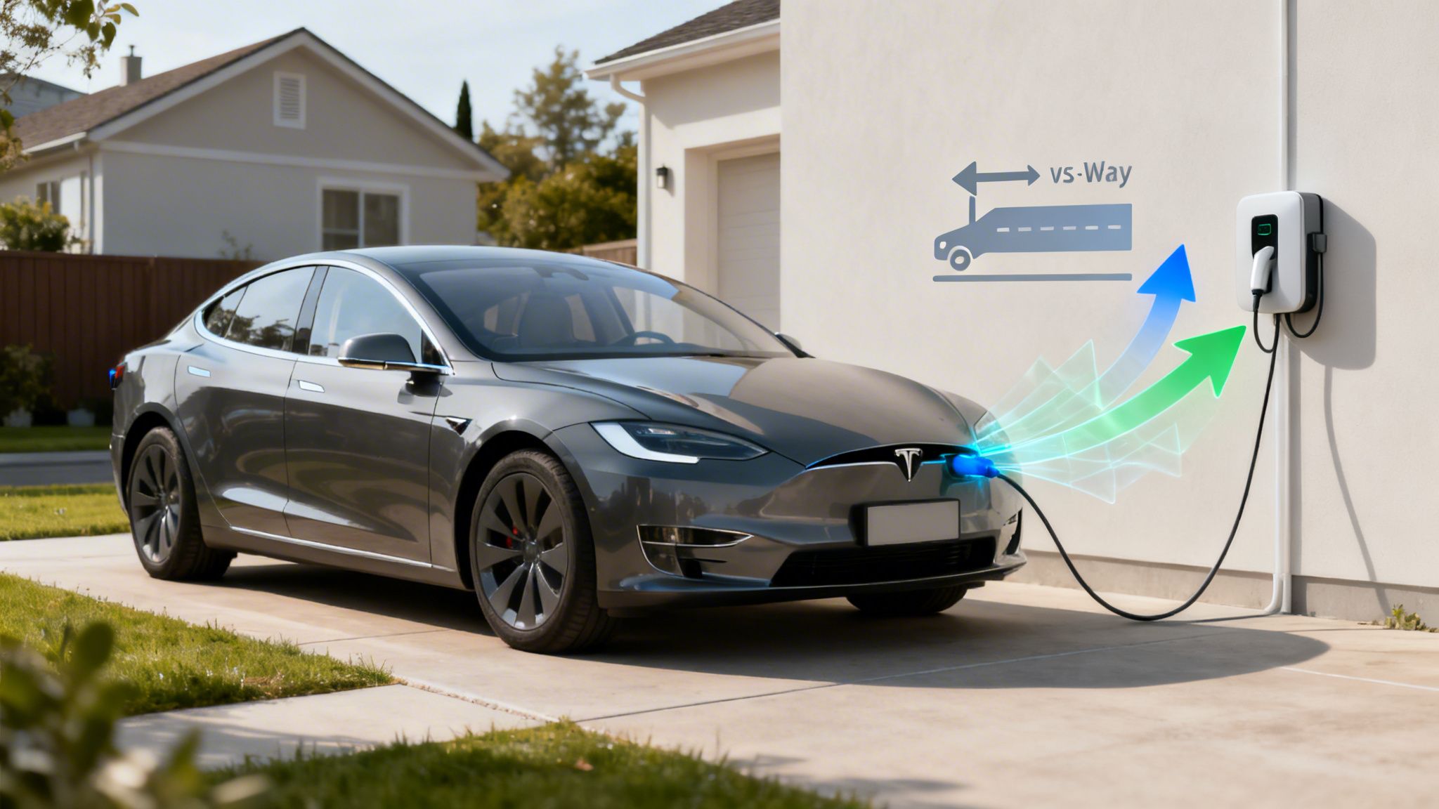A grey Tesla electric car connected to a wall-mounted bidirectional EV charger, showing energy flowing both ways.
