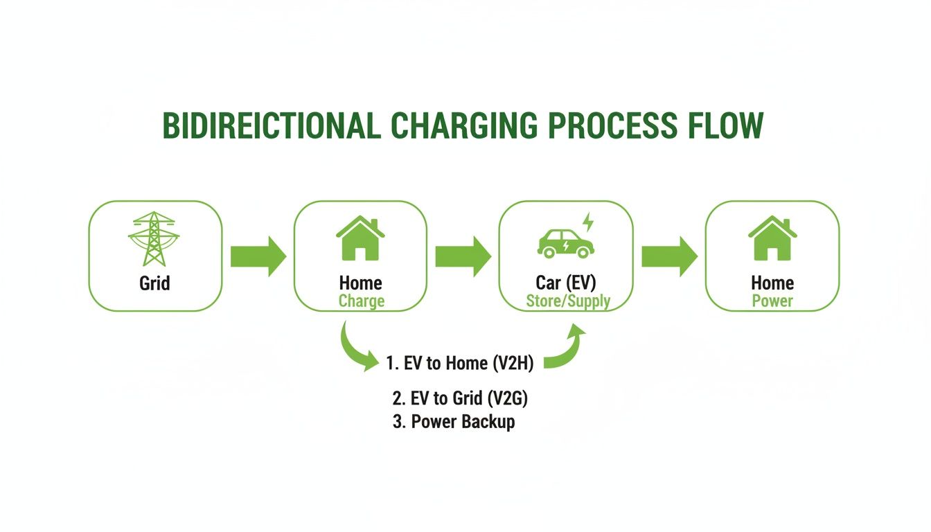 Flowchart showing bidirectional EV charging process from grid to home and EV, including V2H, V2G, and power backup.
