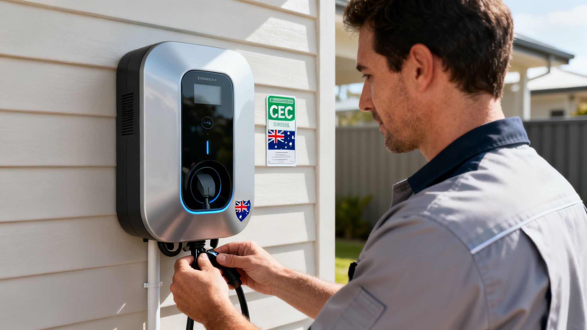 An electrician connects a cable to a bidirectional EV charger mounted on a house wall.
