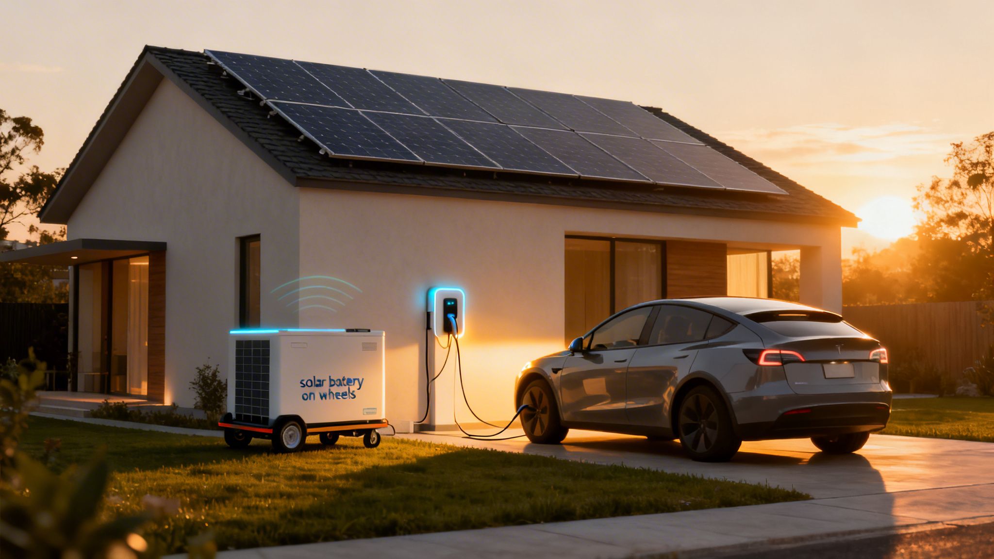 A modern house with solar panels, an EV charging a Tesla car, and a portable solar battery on wheels.