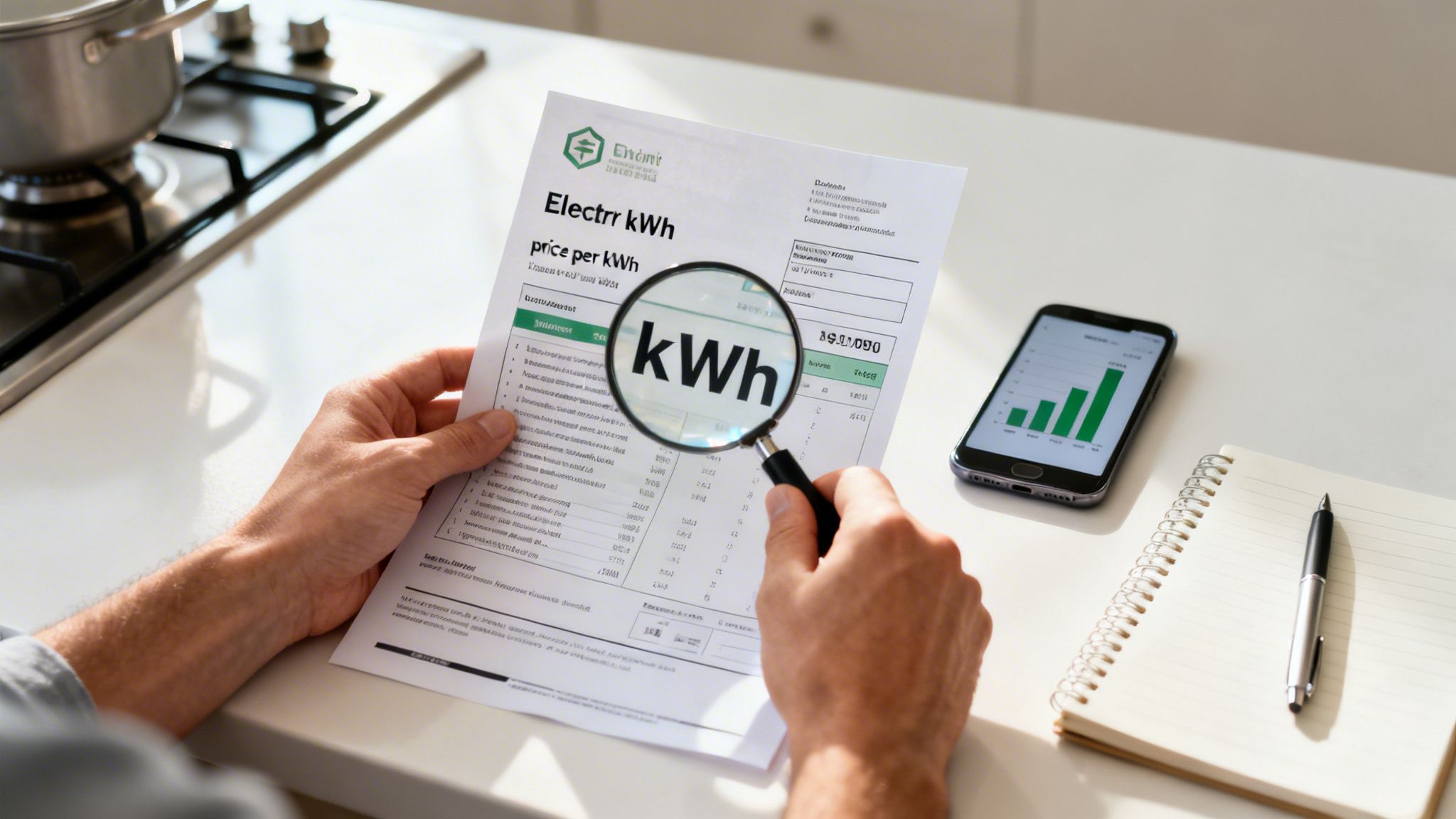 A person examines an electricity bill with a magnifying glass, analyzing kWh usage with a smartphone.