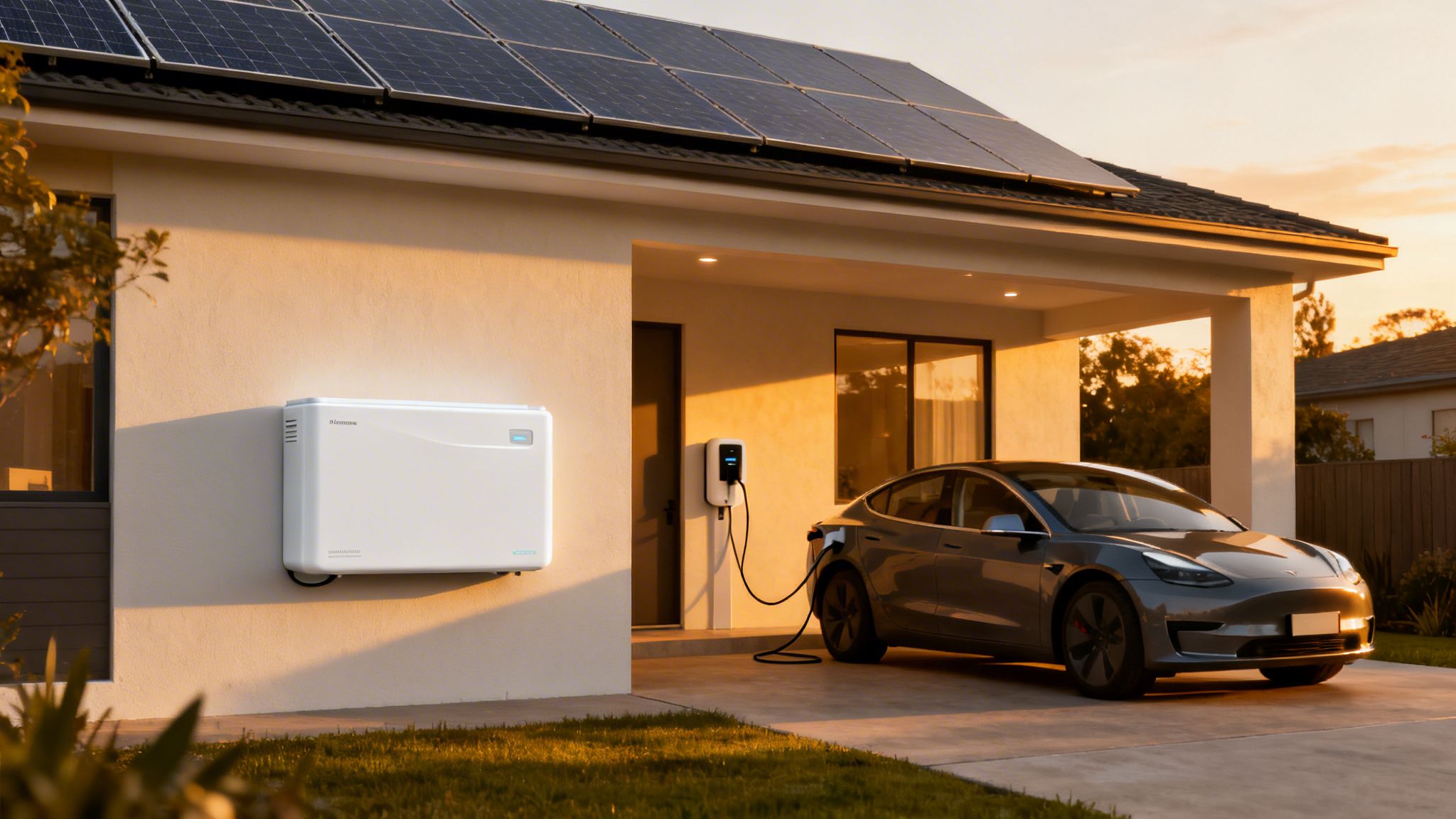 Solar-powered house with a home battery system and an electric car charging.