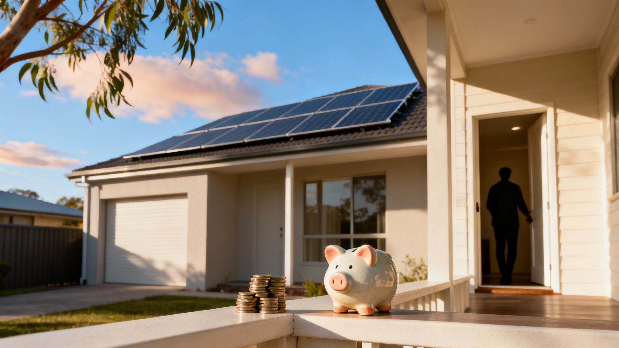 A modern house with solar panels on the roof, a piggy bank, and coins on a porch.