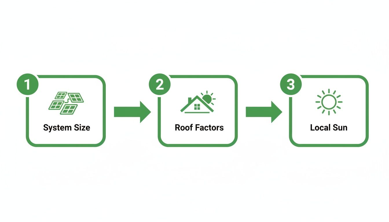 Diagram showing three steps to calculate solar savings: System Size, Roof Factors, Local Sun.