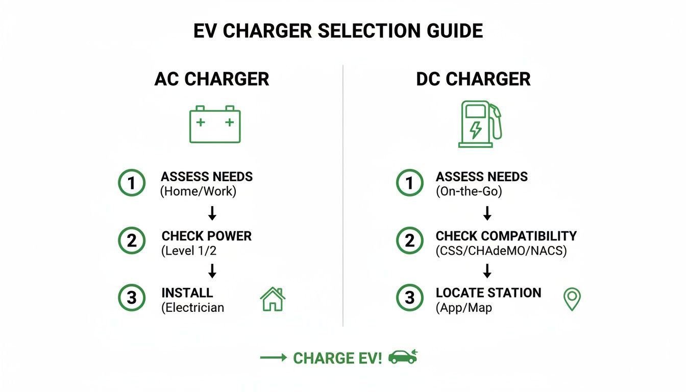 Infographic comparing steps for selecting and using AC and DC EV chargers based on needs and compatibility.