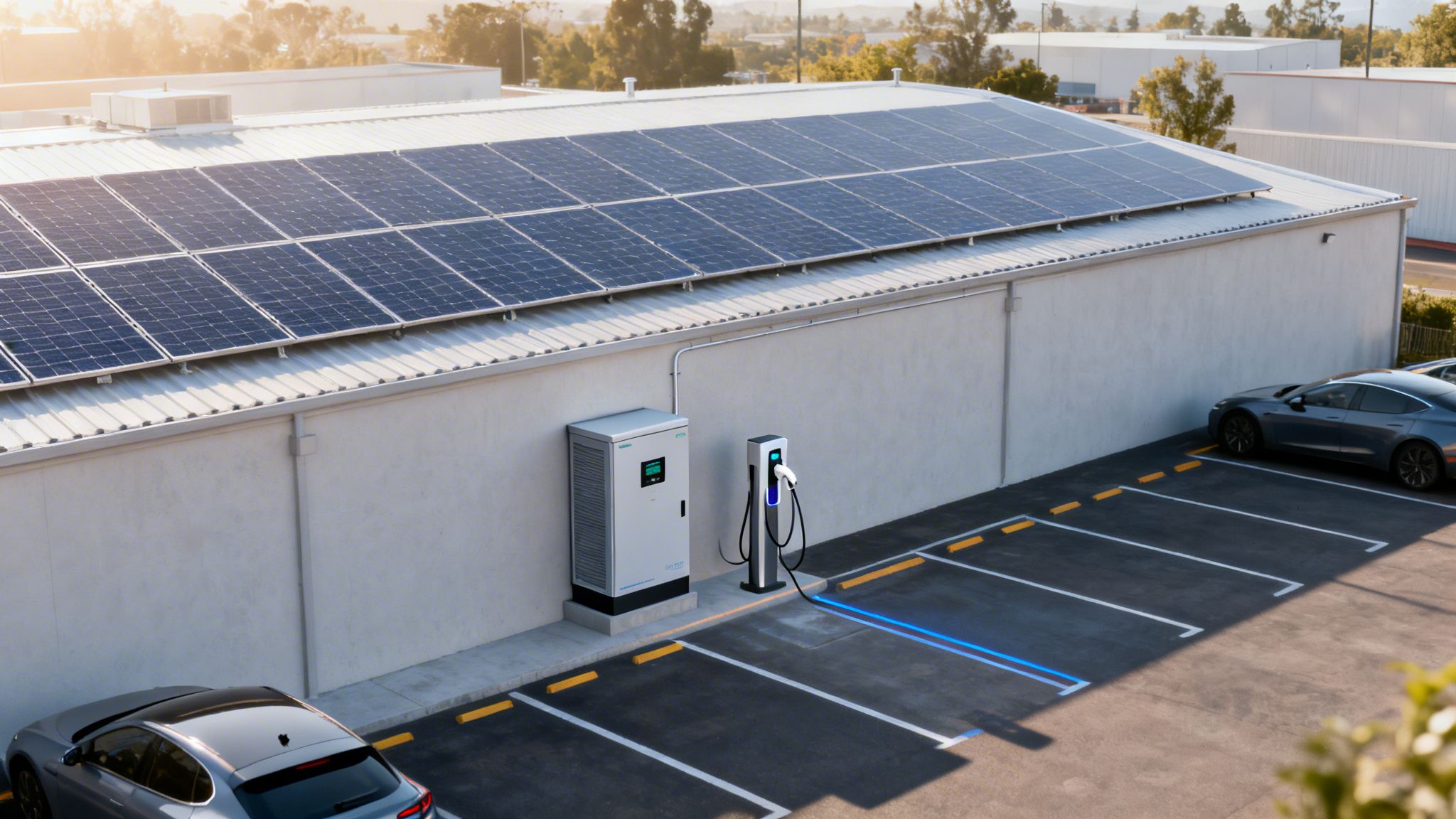 A commercial building with rooftop solar panels and an electric vehicle charging station in the parking lot.