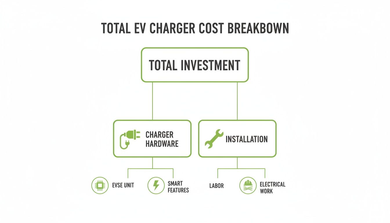 A flowchart detailing the total investment for an EV charger, showing hardware and installation components.
