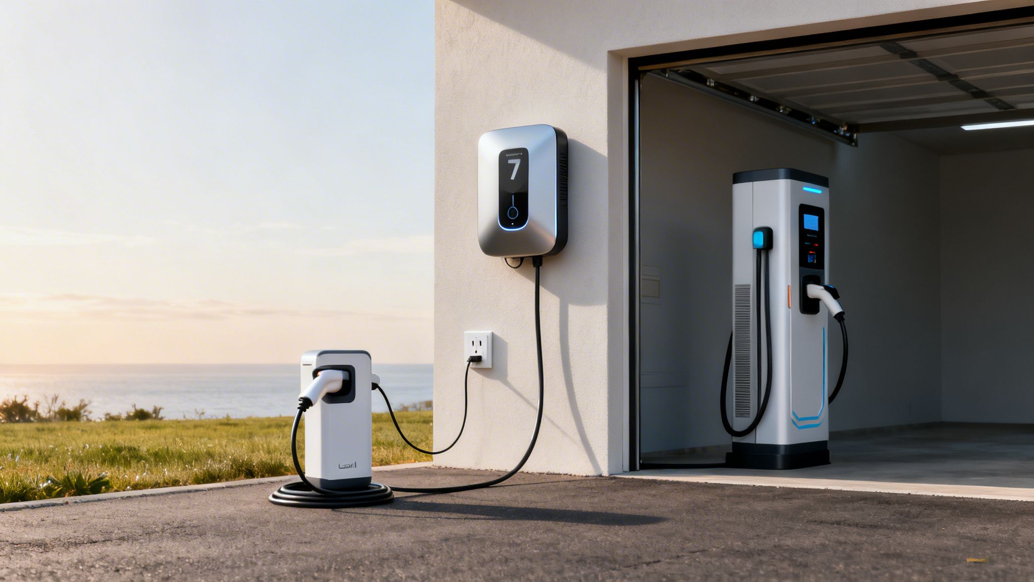 Three modern electric vehicle charging stations, including wall-mounted and freestanding units, at a home by the ocean.