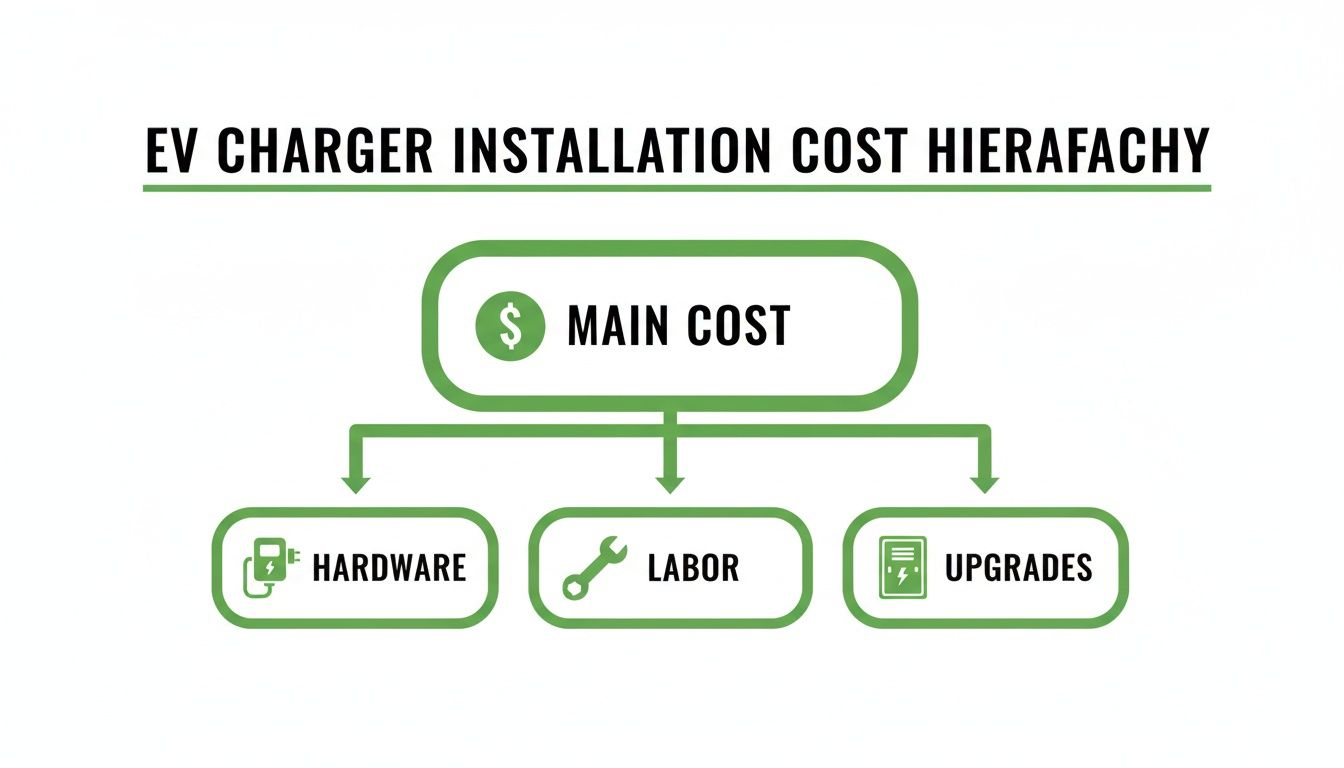 A hierarchy chart illustrating EV charger installation main costs, categorized into hardware, labor, and upgrades.