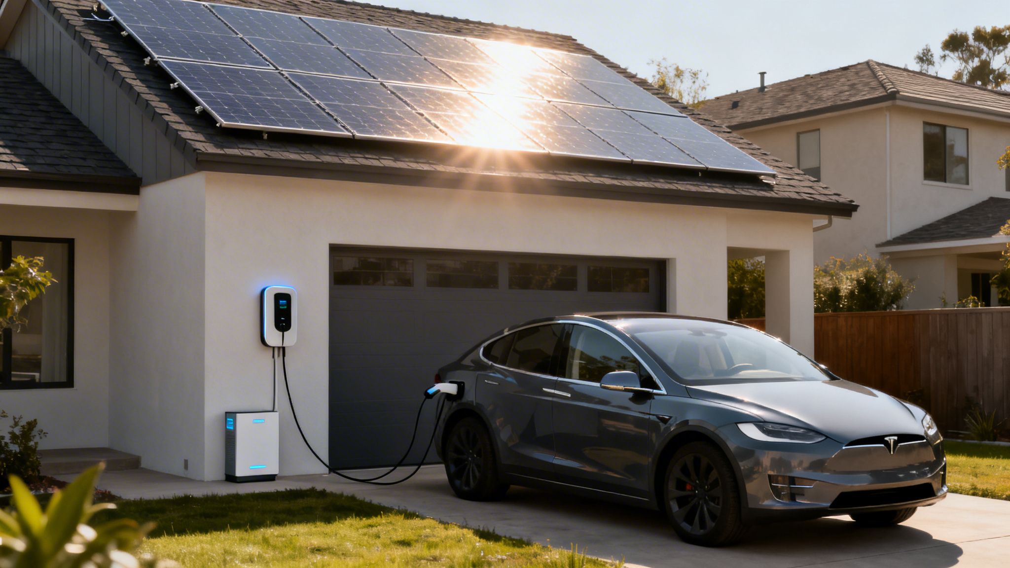A Tesla electric car charges at a modern home with rooftop solar panels and battery storage.