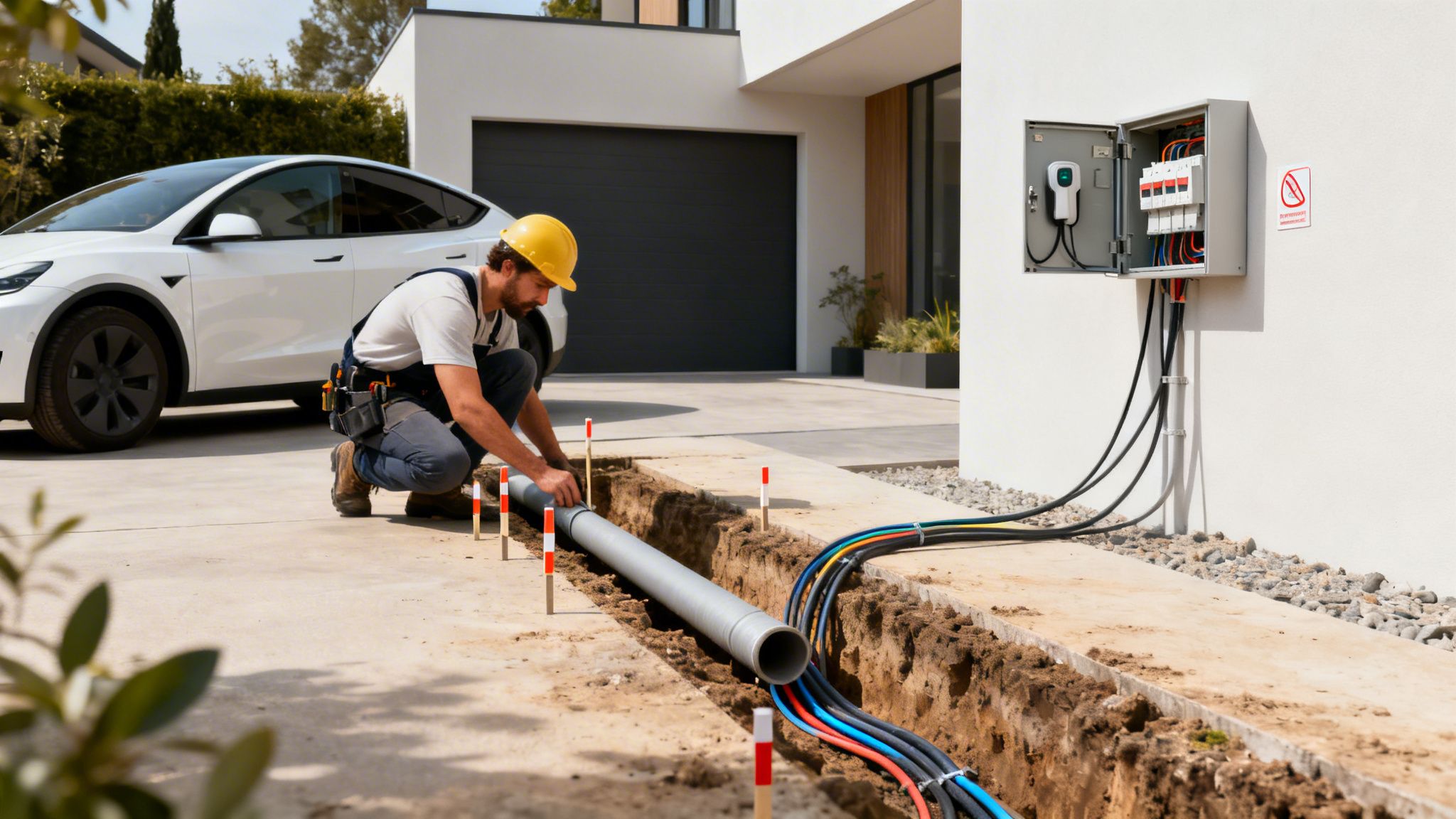 Electrician installs an EV charging station, laying pipes and cables near a modern home and white Tesla.