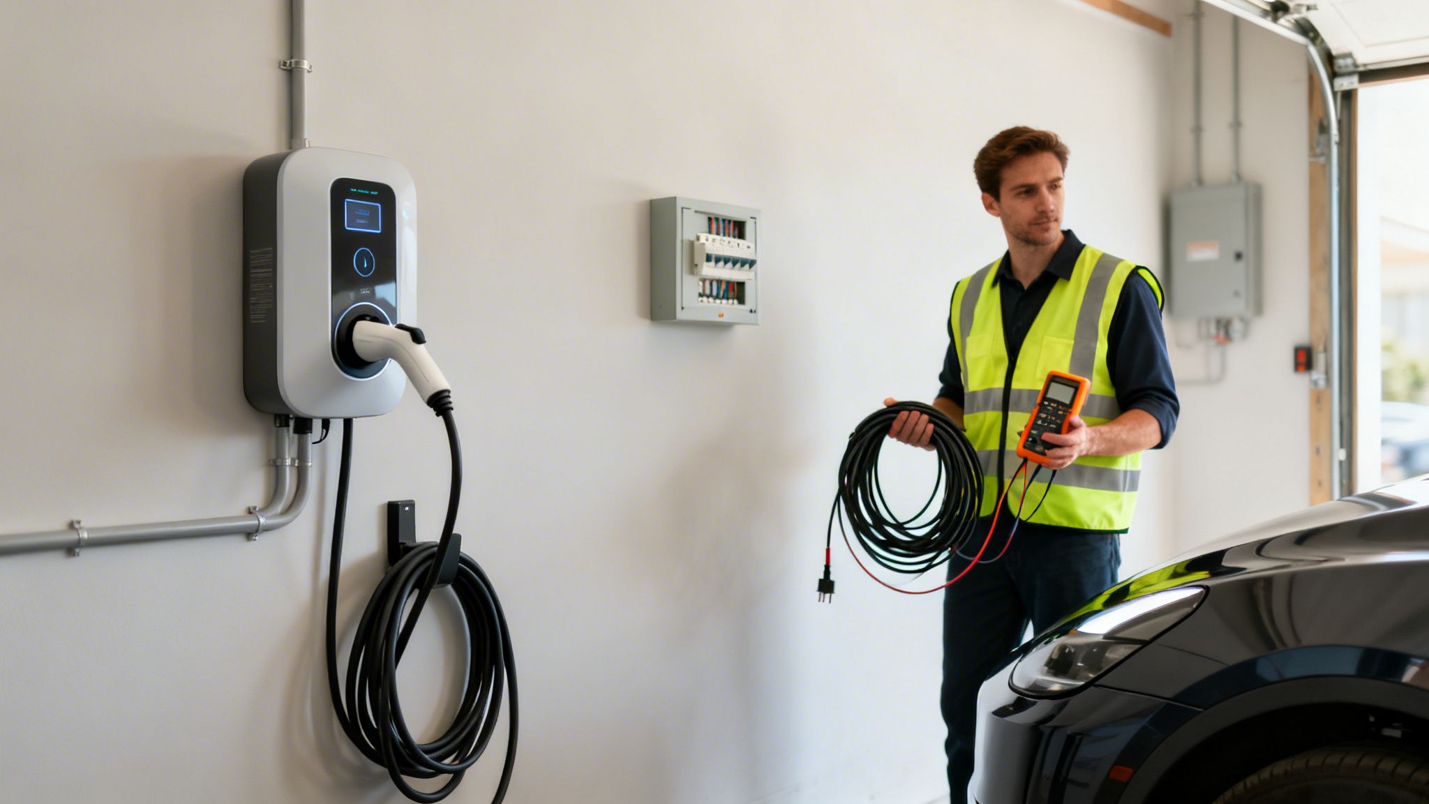 An electrician in a high-visibility vest installs an EV charging station in a modern garage.
