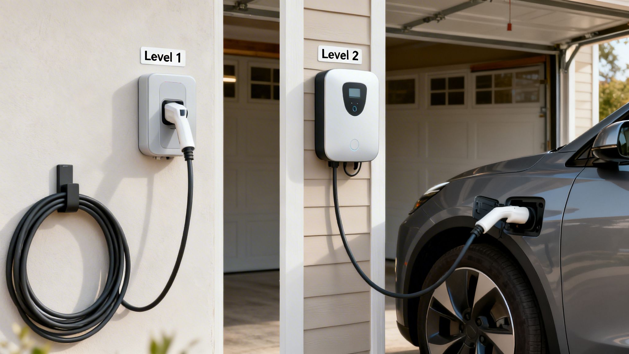 Two residential EV chargers, Level 1 and Level 2, with an electric car charging from Level 2.