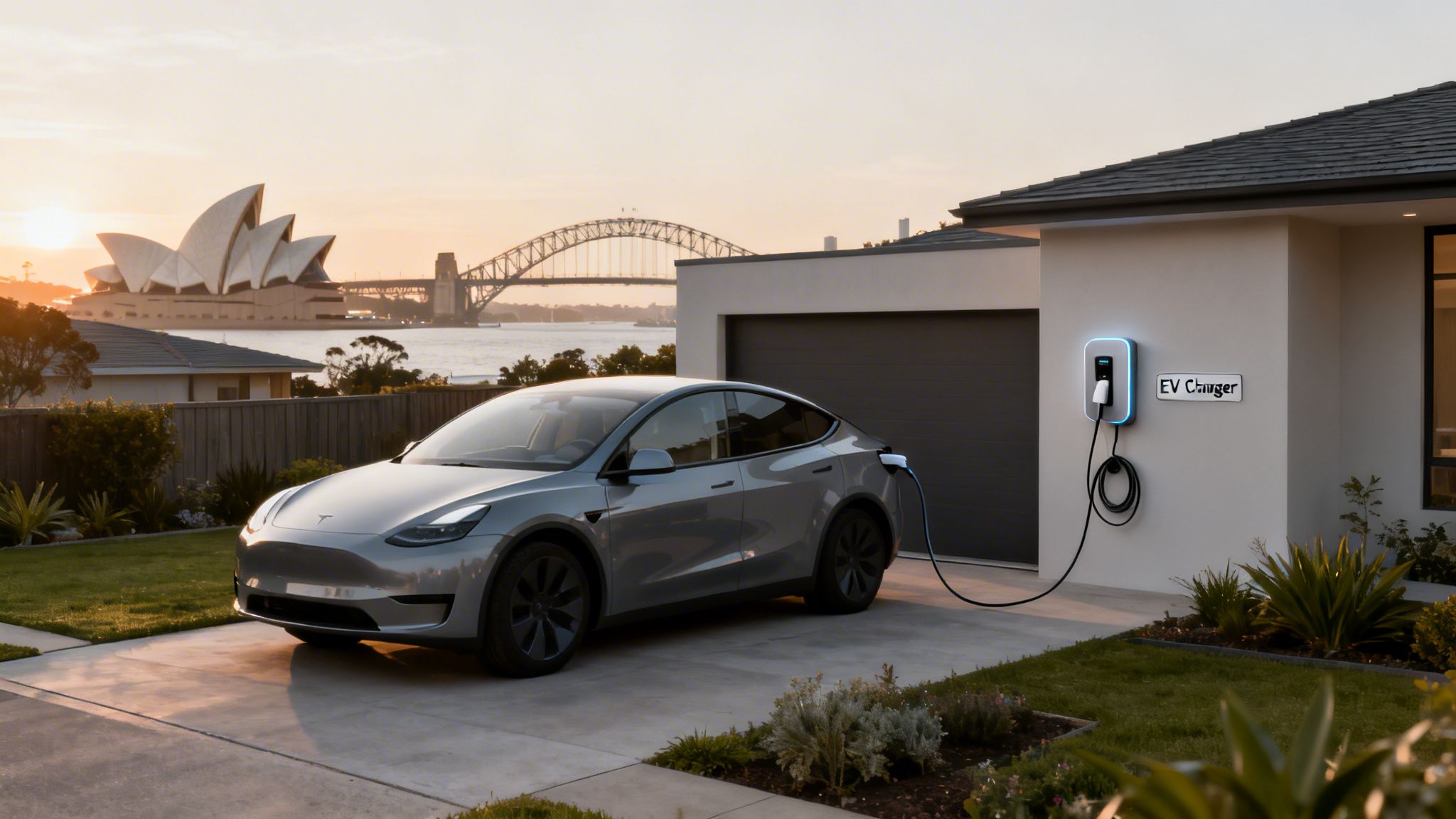A grey Tesla Model Y charges at a home EV charger, with Sydney landmarks at sunset.