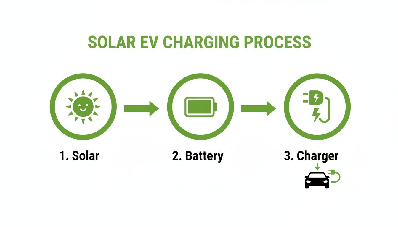 Process diagram showing solar energy flowing to a battery, then to an EV charger for an electric car.