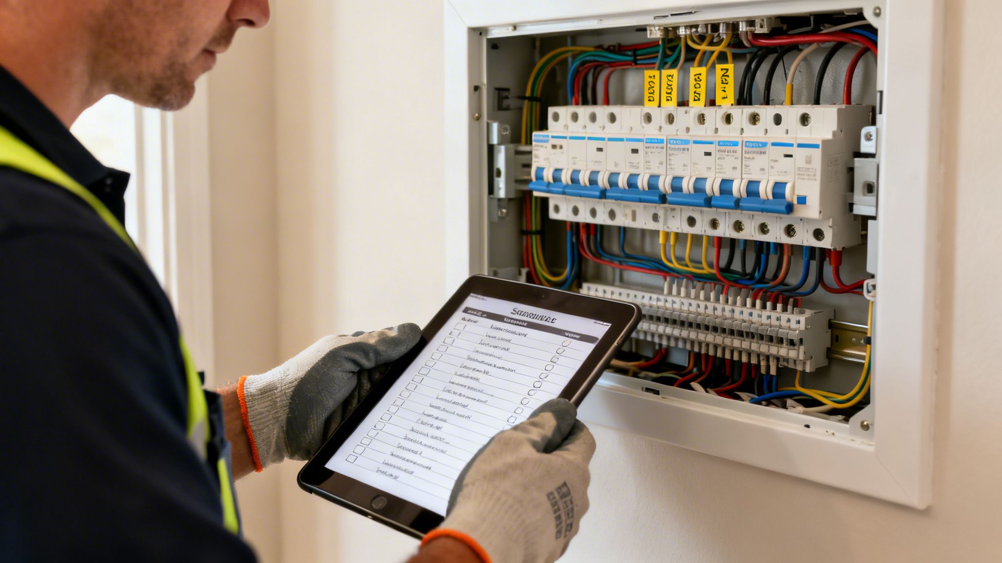 Electrician in a hi-vis vest inspecting an electrical panel and using a tablet with a checklist.