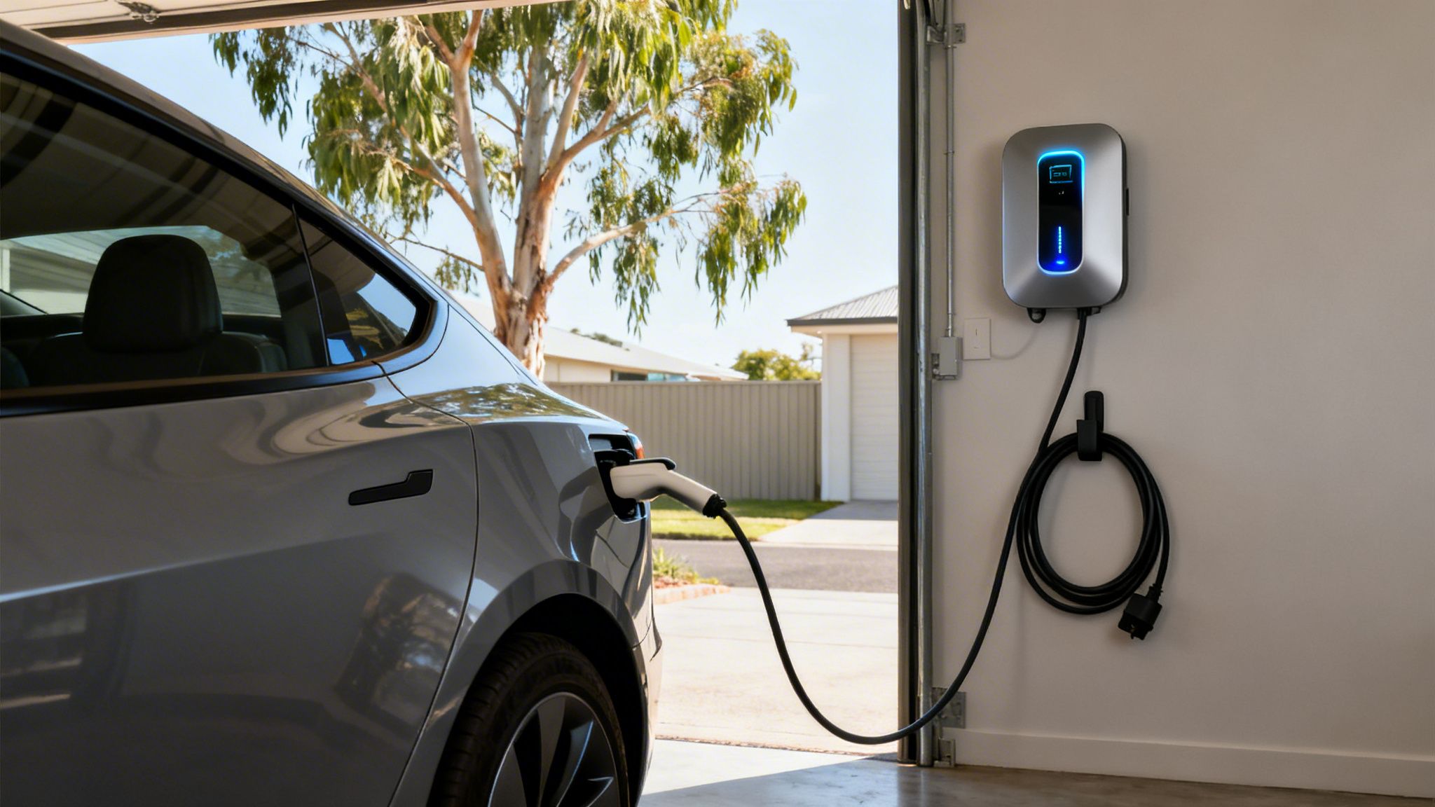 A gray electric car charging in a home garage with a wall-mounted EV charger.