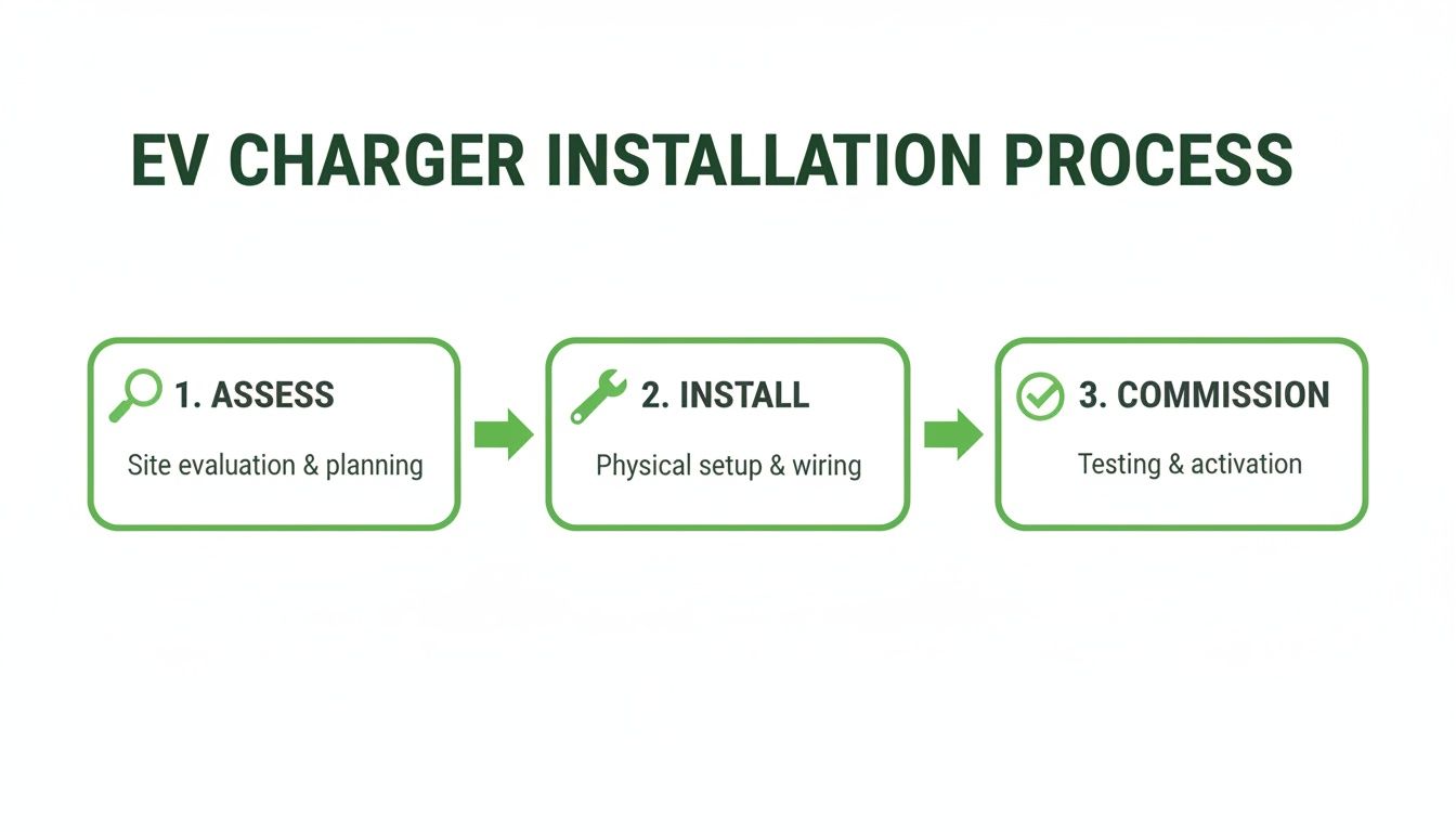 A three-step flowchart illustrating the EV charger installation process: assess, install, and commission.