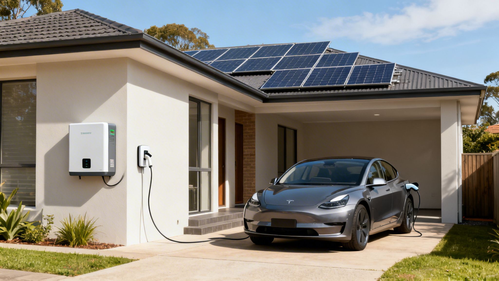 A modern house with solar panels and an EV charger powering a Tesla car in the driveway.