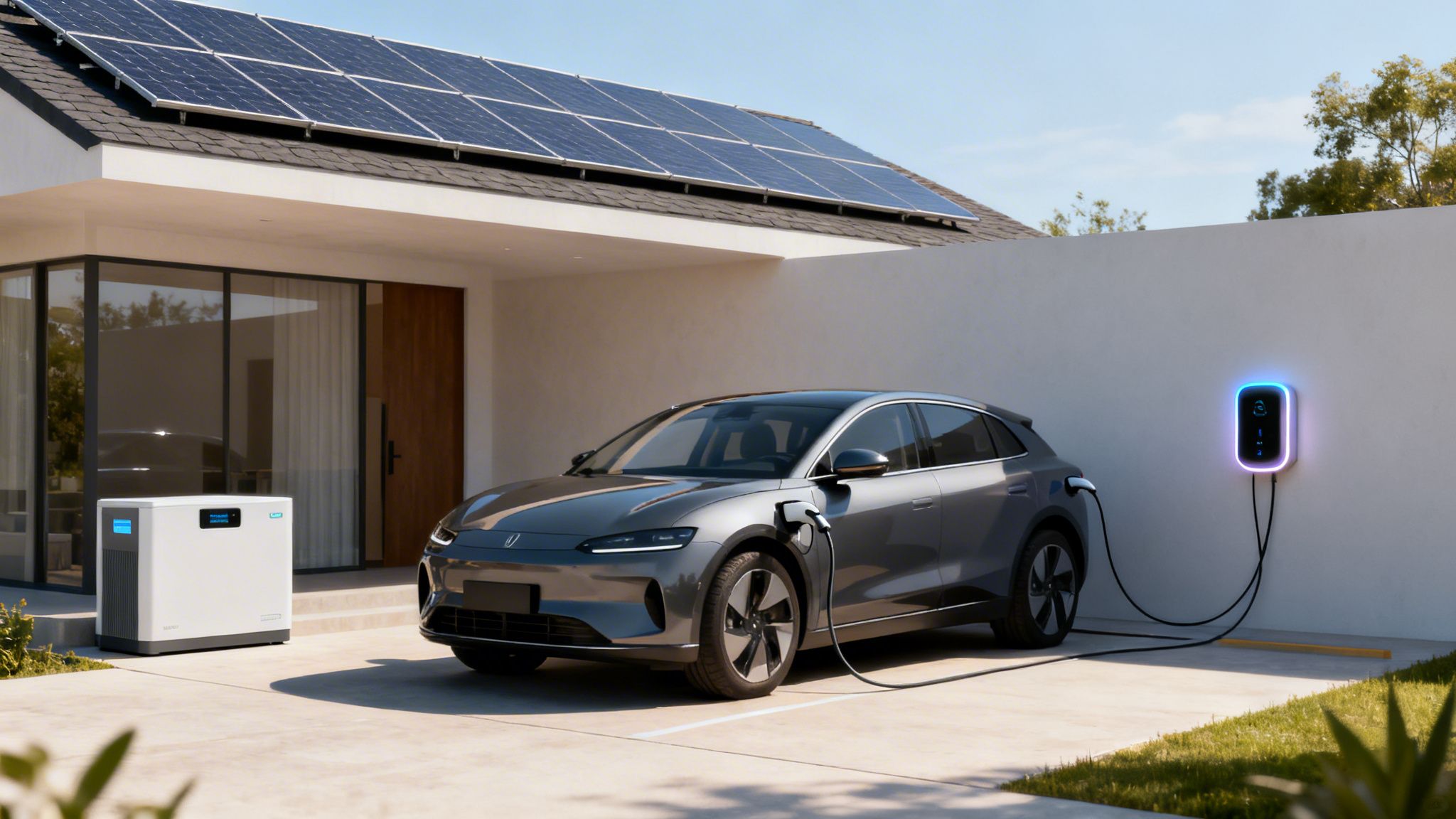 Electric car charging at a modern home with solar panels and a home battery system.