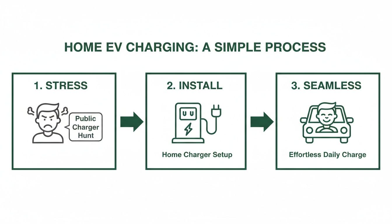 Diagram illustrating the simple process of home EV charging, from stress to effortless daily charging.