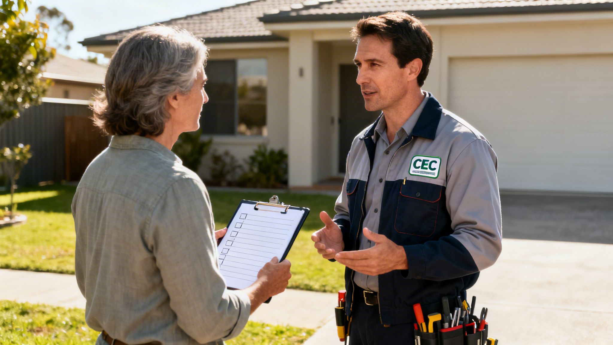 Service technician in uniform discusses a checklist with a female homeowner outside a house.