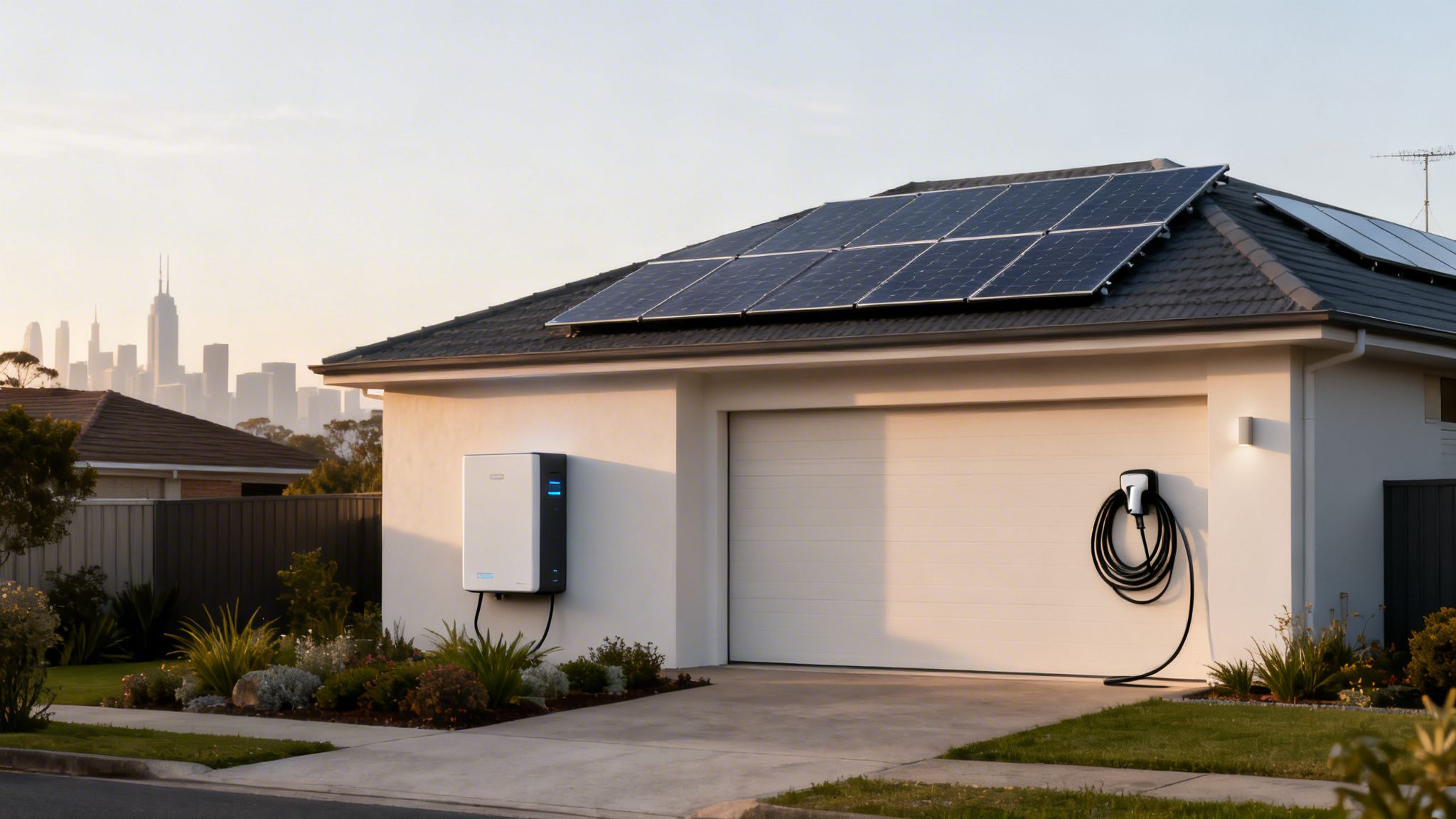 A modern house featuring solar panels on the roof, a home battery, and an EV charger, with a distant city skyline.