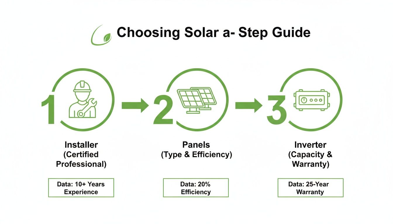 A 3-step guide on choosing solar: installer, panels, and inverter with key data points.