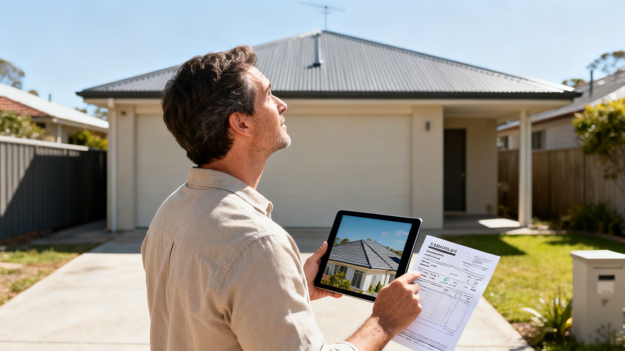 Man holding tablet and document, inspecting a house for residential solar installation in a sunny Sydney suburb.