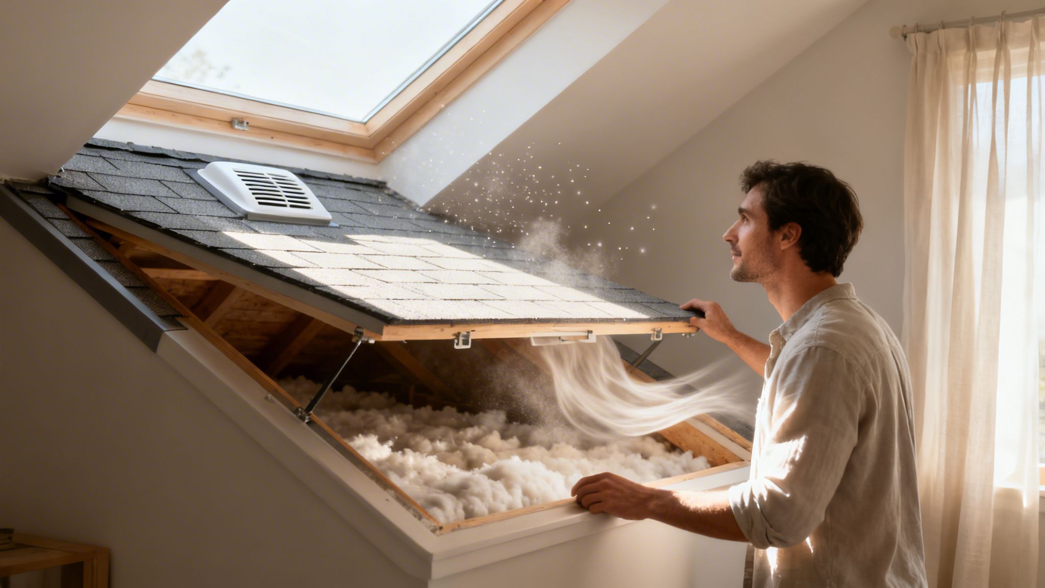 Man checking attic insulation and a roof vent through an open panel in a bright room.