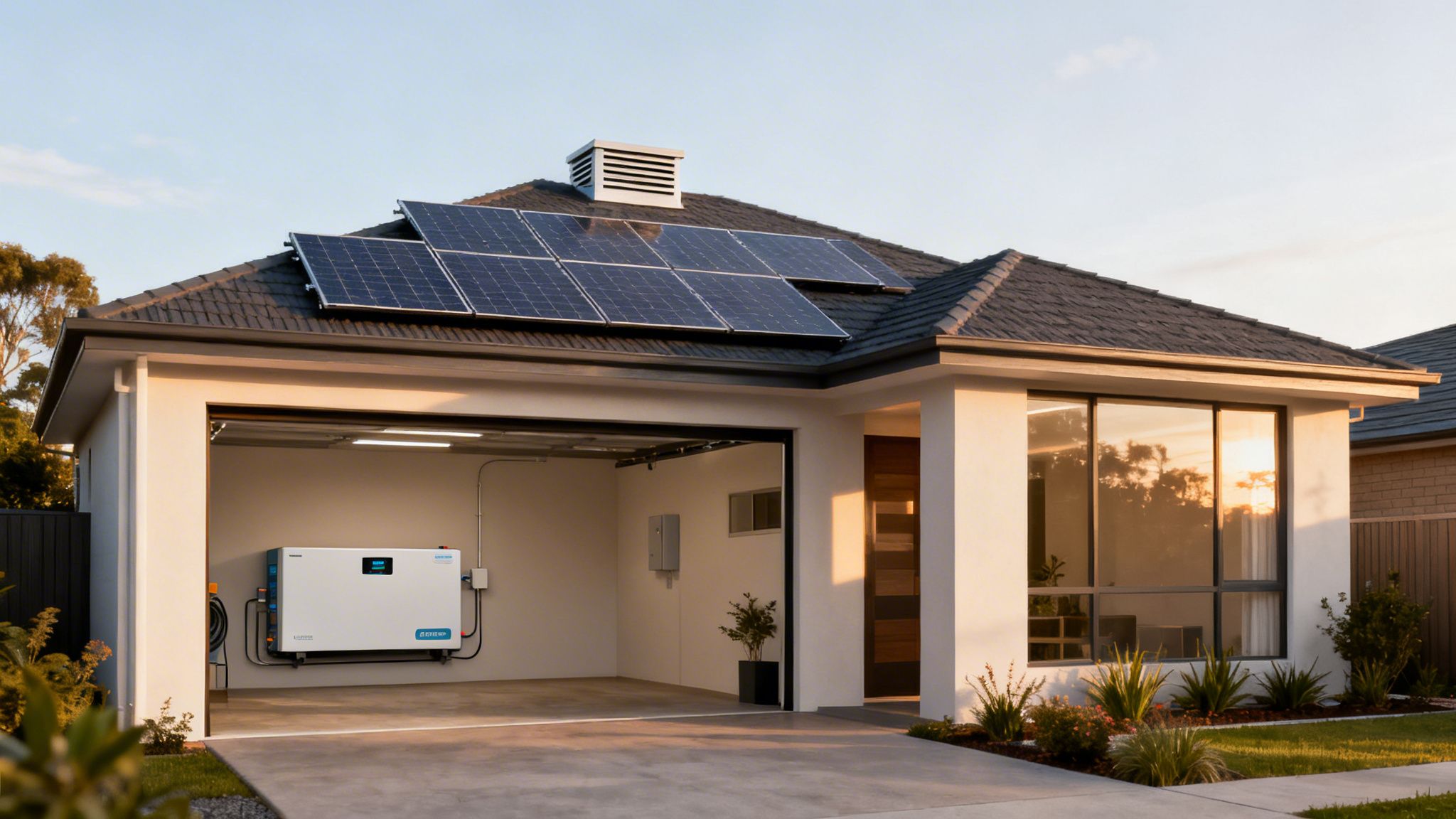 Modern home with solar panels, a roof vent, battery storage, and EV charger in a garage.