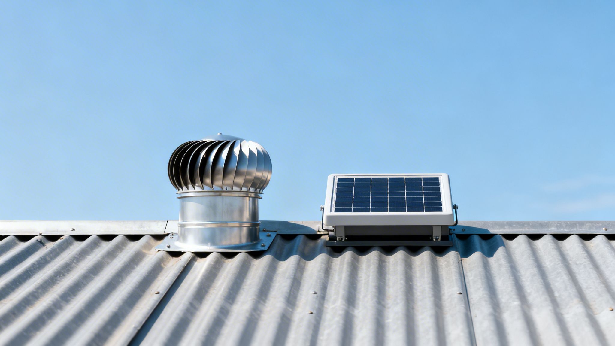 A metal roof features a rotating whirlybird roof vent and a small solar panel under a clear blue sky.
