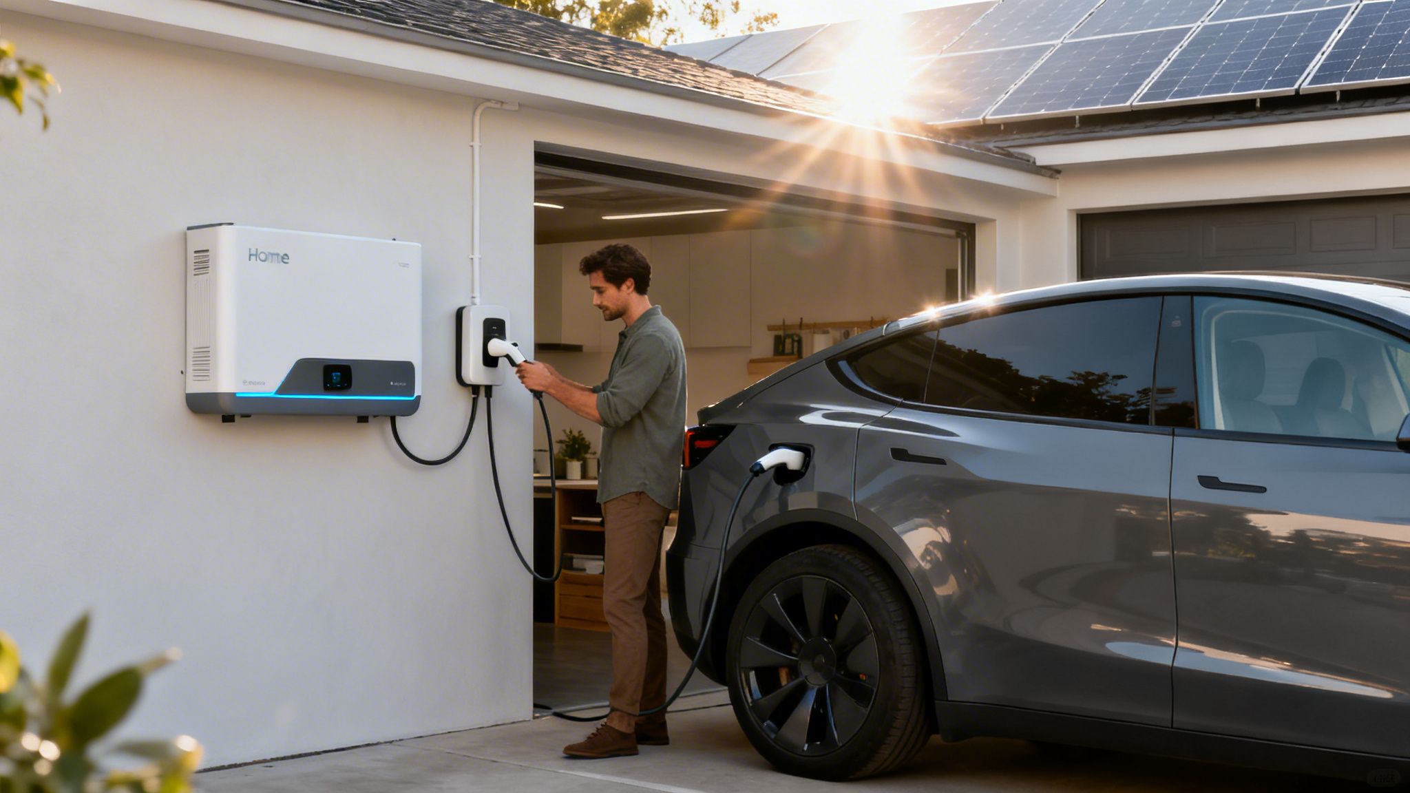 A man plugs an electric vehicle into a home charger next to a solar energy storage system.