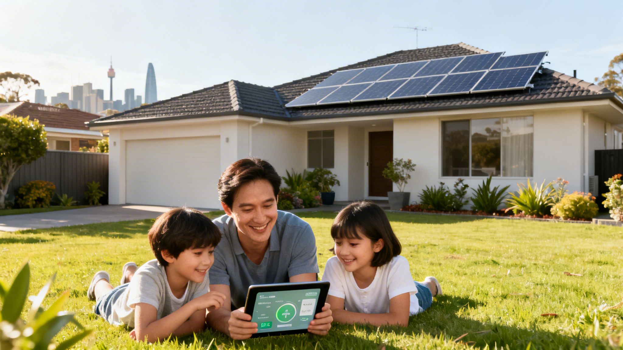 Smiling family looking at a tablet on grass in front of a solar panel house with city view.