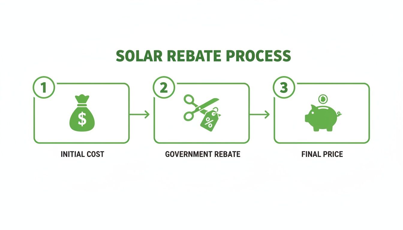 Infographic detailing the solar rebate process, including initial cost, government rebate, and final price.