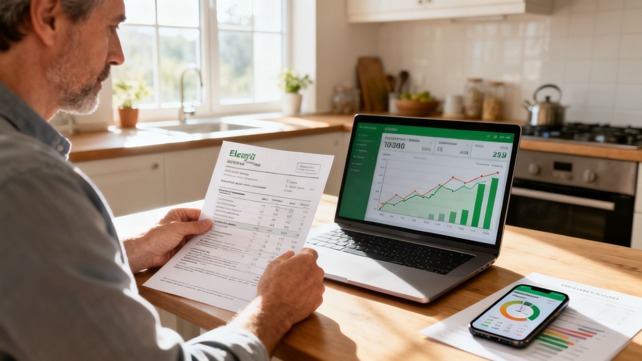 Man analyzing energy usage on a bill, laptop, and phone app in his modern kitchen.