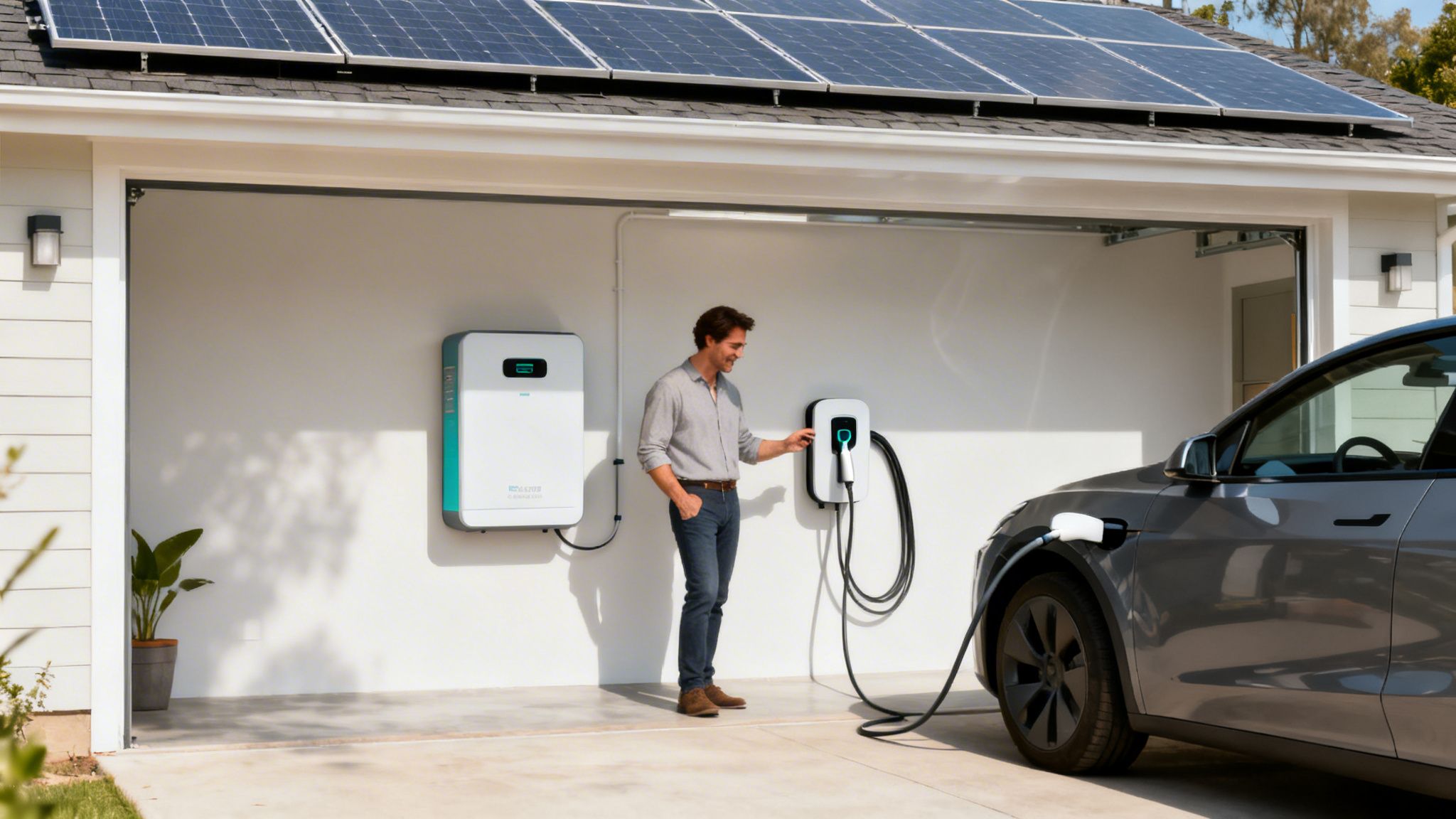 Man charging an electric car at a home with rooftop solar panels and battery storage.
