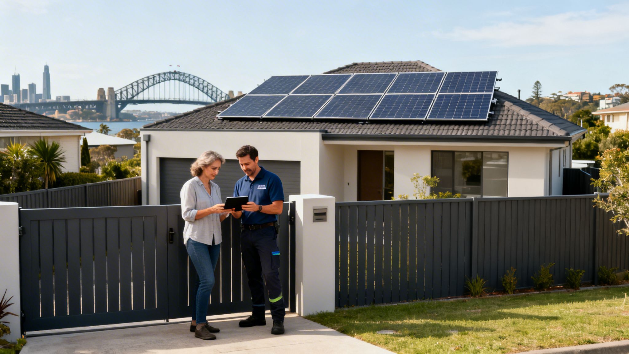 A homeowner and a solar technician reviewing plans on a tablet at a house in Sydney.