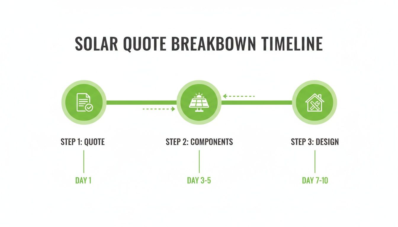 A solar quote breakdown timeline illustrating three steps: quote, components, and design process.