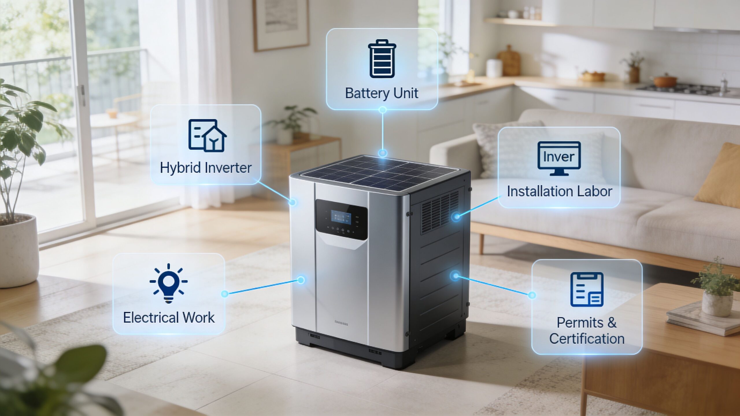 A modern silver solar battery unit shown in a living room highlighting components of its complete installation package.