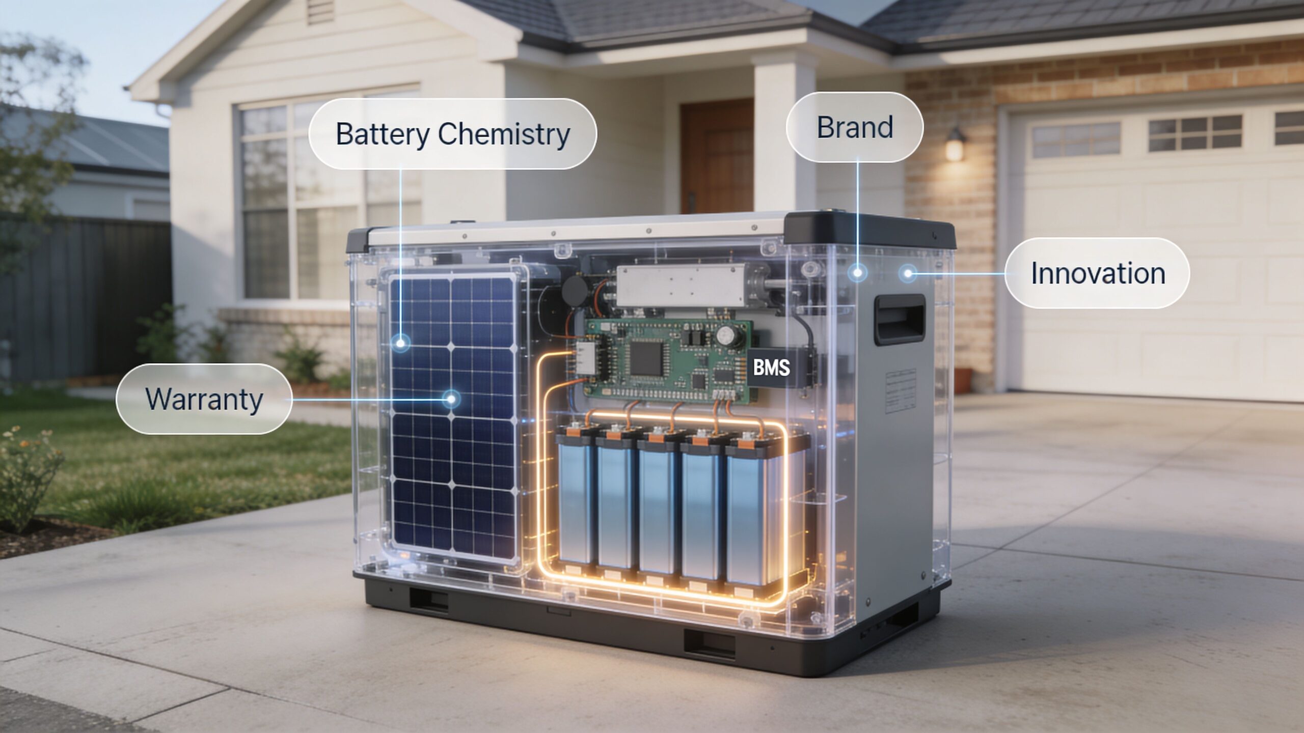 A clear view of a home energy storage battery unit with internal components shown against a suburban house.