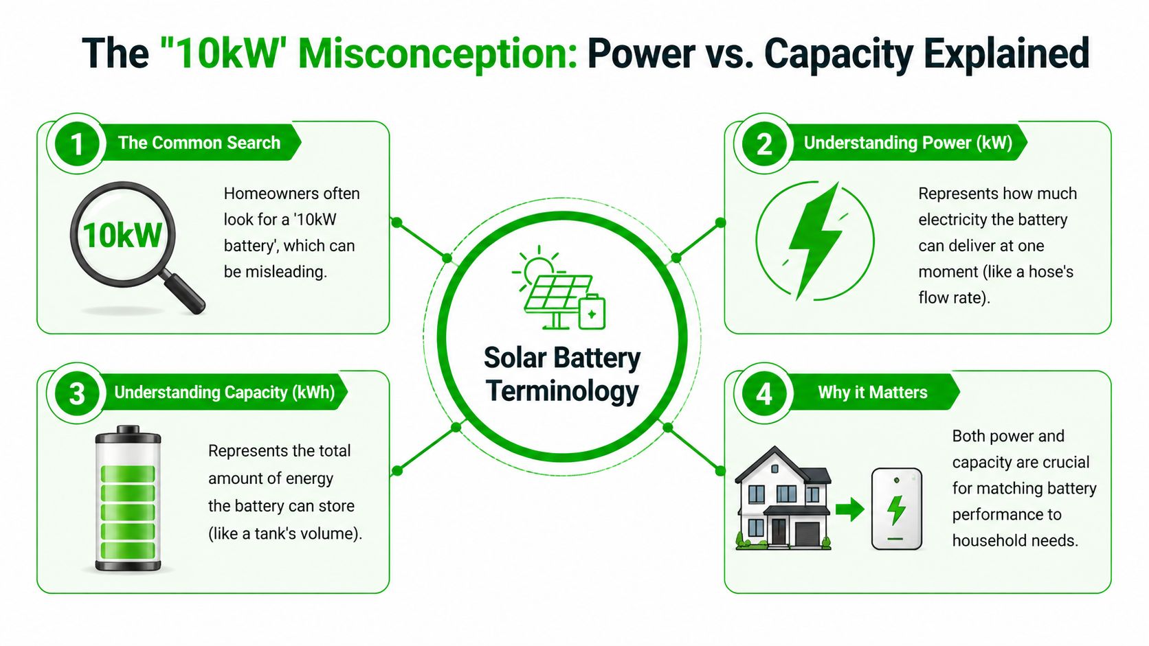 An infographic explaining the difference between solar battery power in kW and storage capacity in kWh.