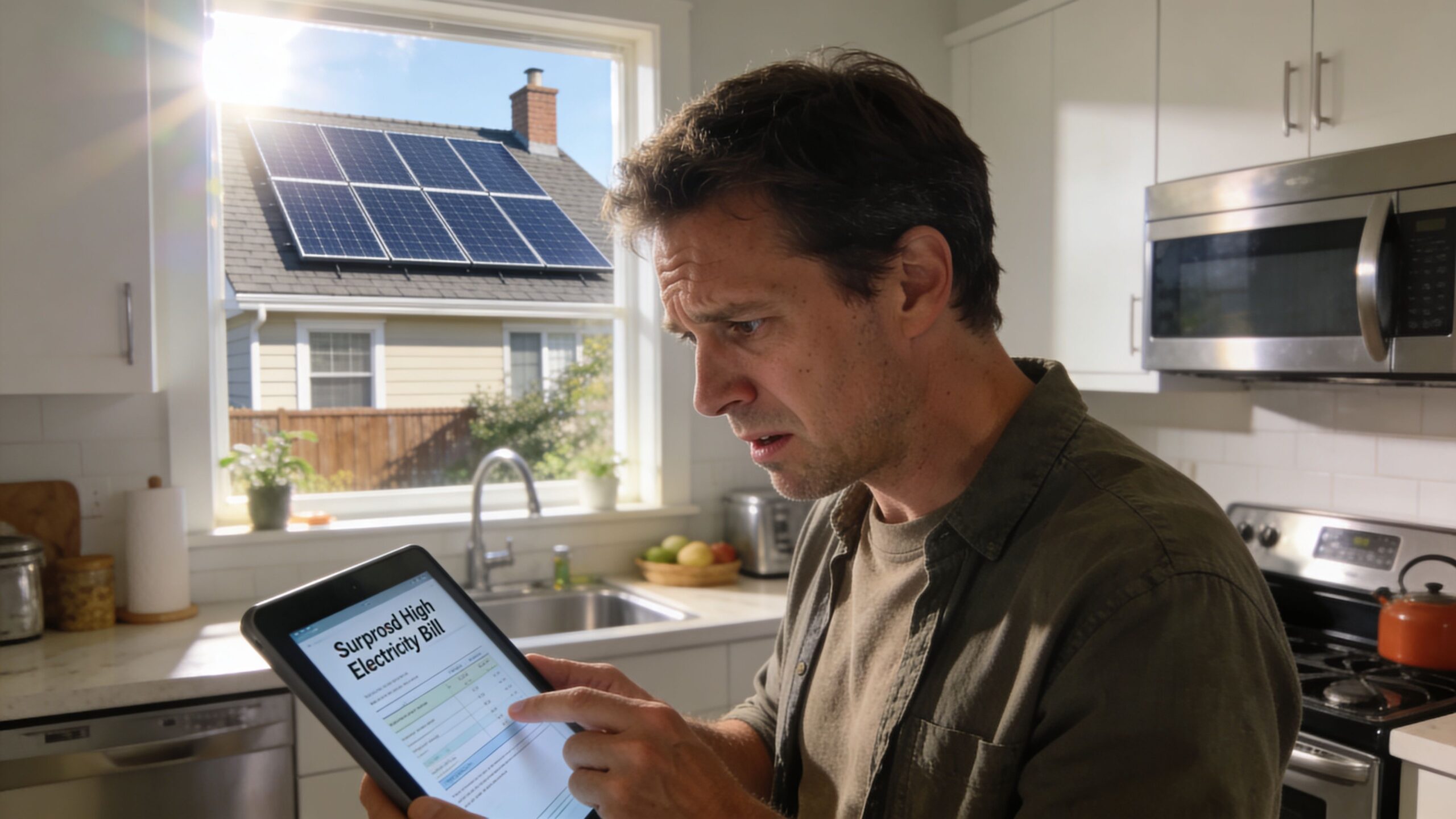 A concerned man looking at an unexpected high electricity bill on his digital tablet in his kitchen.