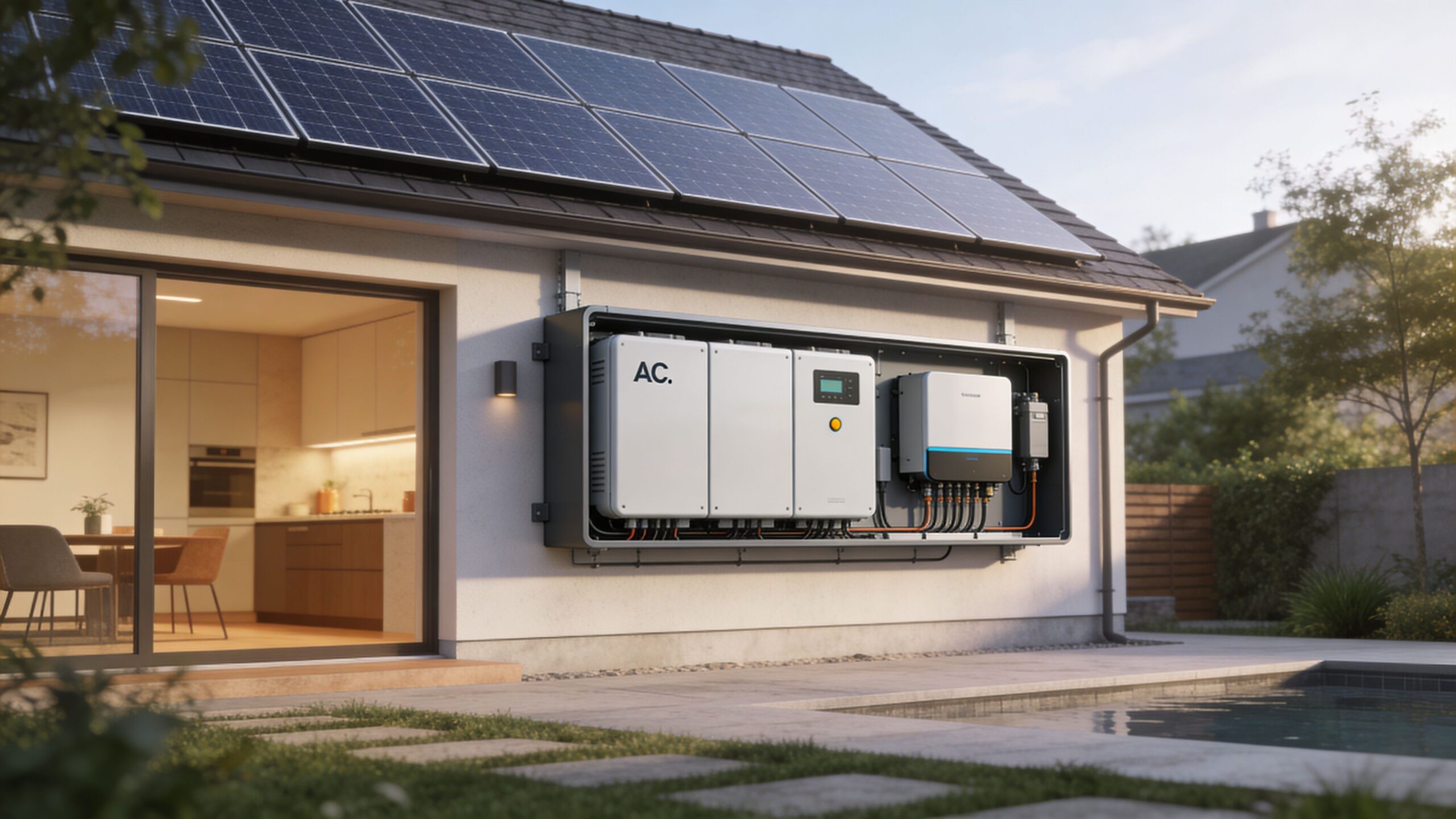 An outdoor home energy storage system with AC coupled batteries mounted on a house wall near pool.
