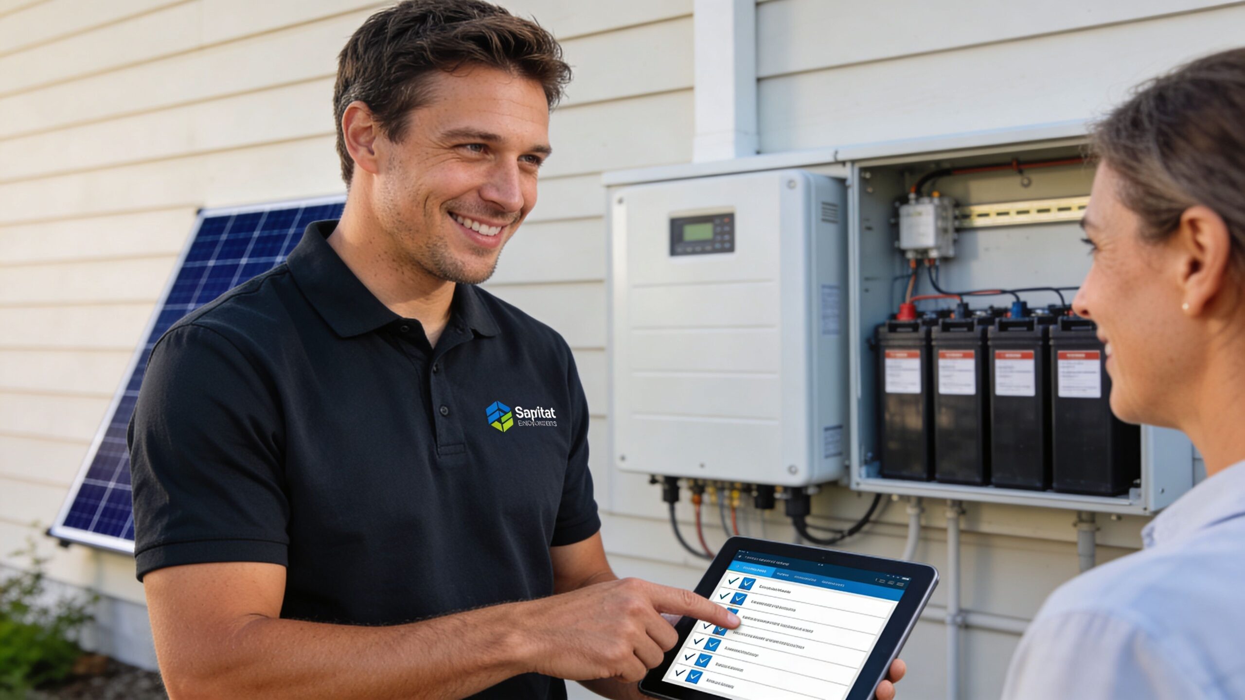 A solar technician in a branded polo shirt explains battery storage check results to a female homeowner.